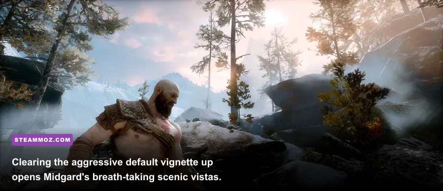 Cinematic Reshade applied to God of War PC removing heavy vignette and color casts