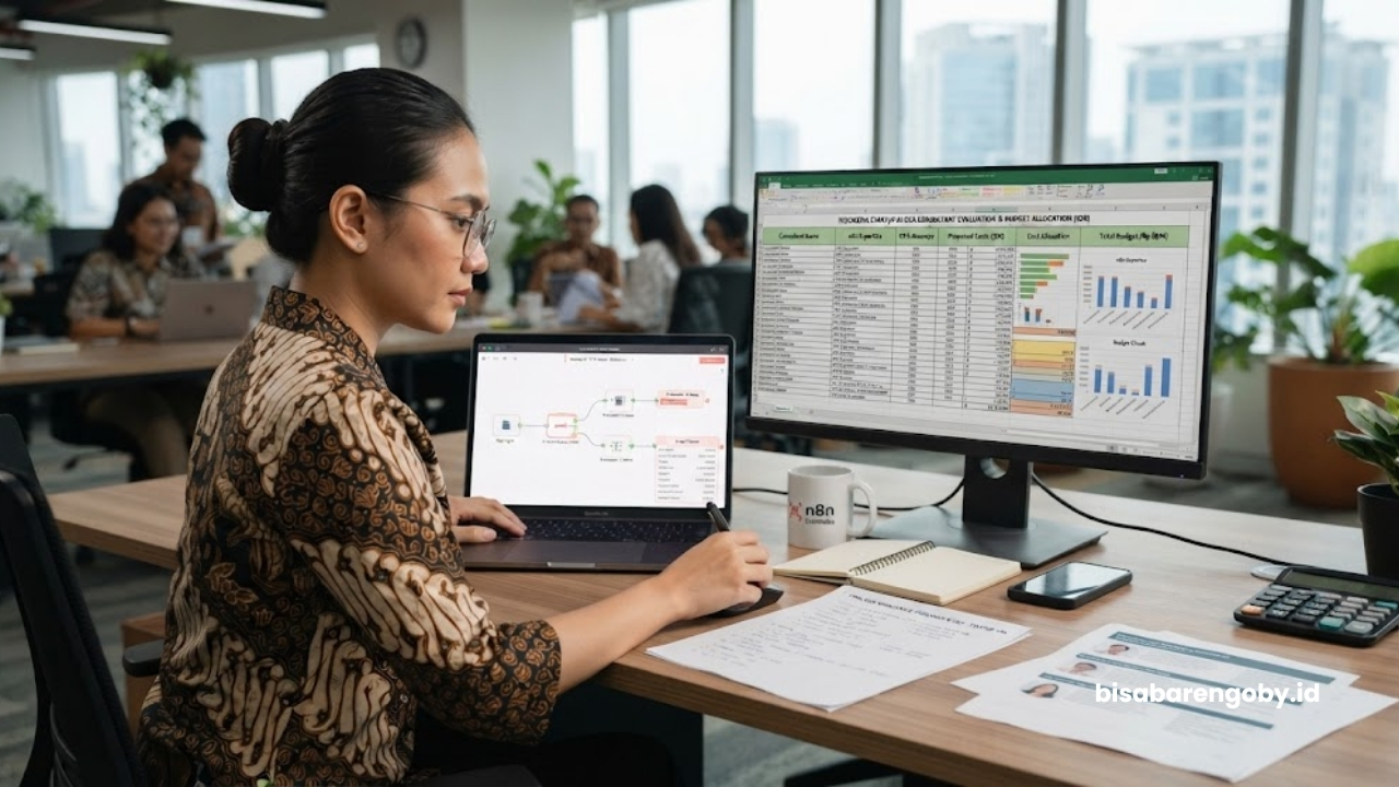Manajer pengadaan mengevaluasi alokasi anggaran saat menyeleksi konsultan AI OCR untuk startup di Indonesia berbasis n8n
