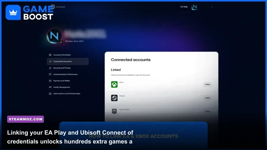 EA App interface showing linked Xbox network account integration