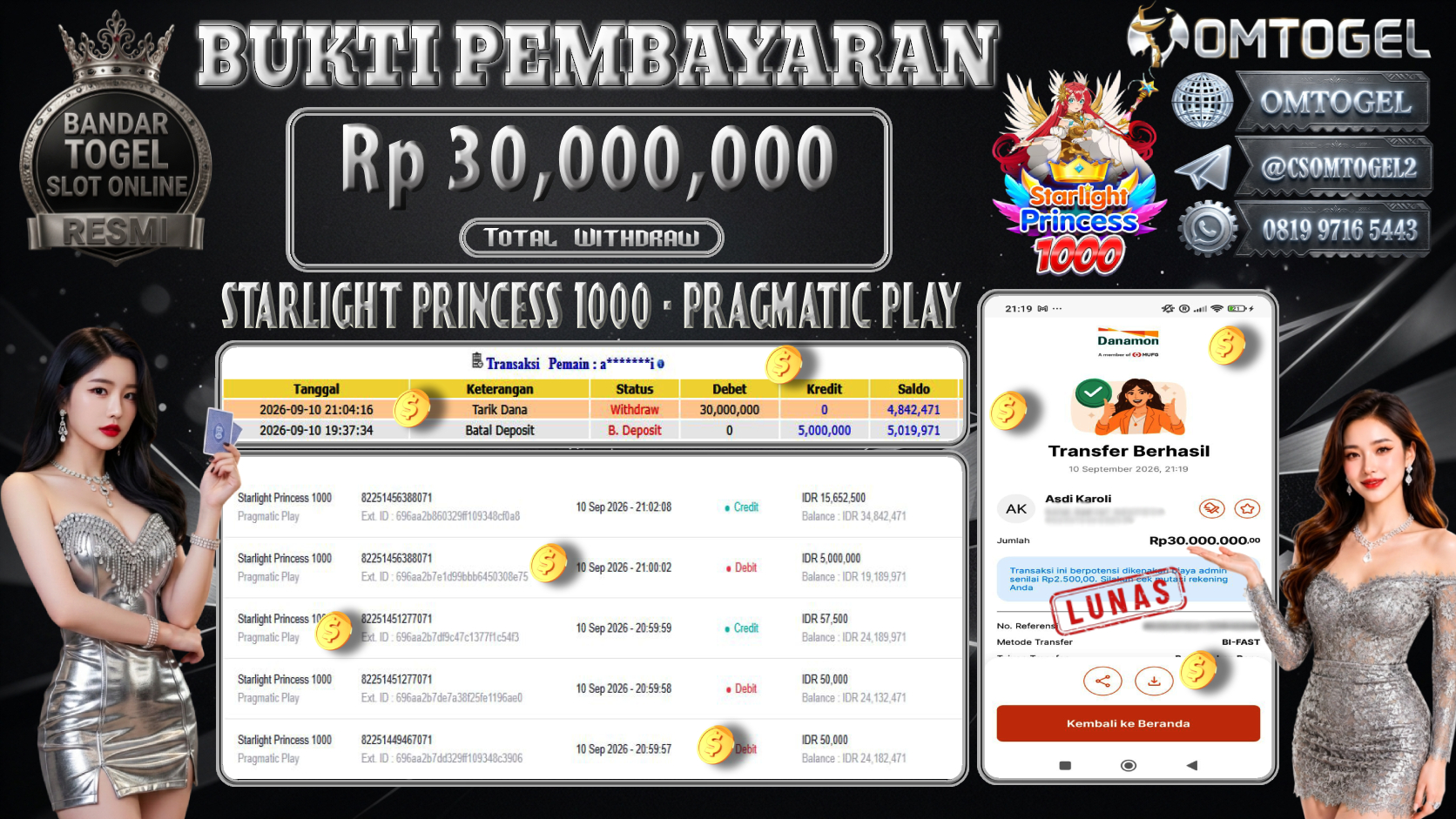 OMTOGEL JACKPOT PRAGMATIC PLAY STARLIGHT PRINCESS 1000 Rp.30,000,000,- DIBAYAR LUNAS