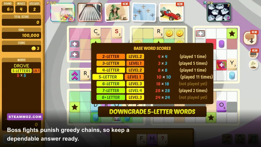 Beyond Words boss encounter with a long word chain and special attack warning