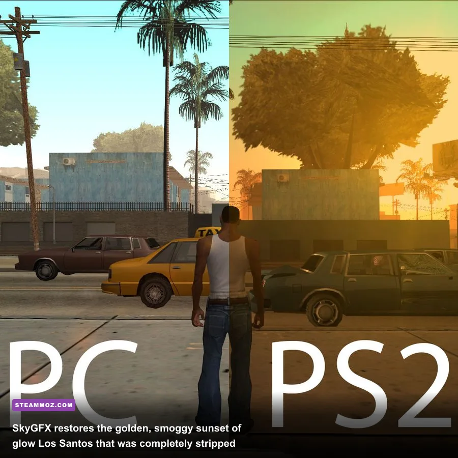 Side-by-side comparison of GTA San Andreas vanilla PC cold lighting versus SkyGFX warm PS2 atmosphere
