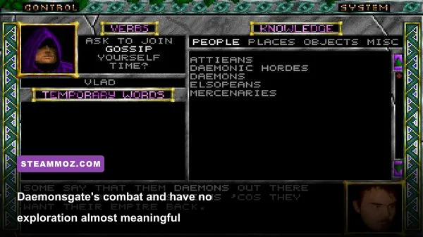 Daemonsgate retro RPG combat screen with party members and fantasy enemies