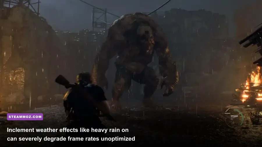 Leon battling El Gigante in a rainy muddy quarry in Resident Evil 4 Remake