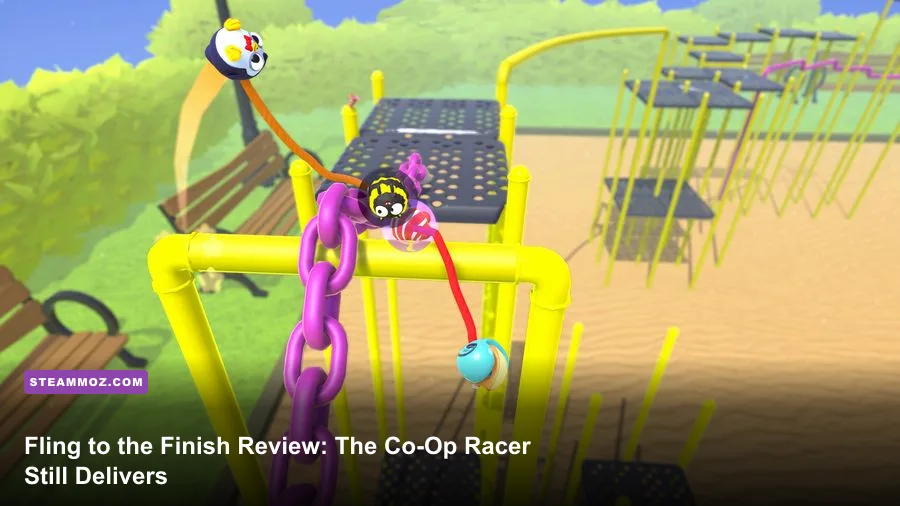 Fling to the Finish characters racing together across a colorful obstacle course