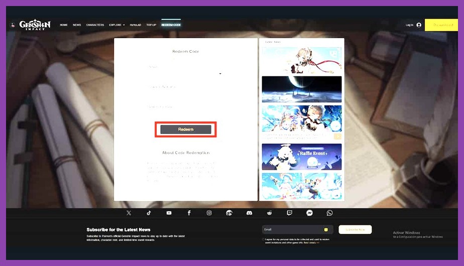Official HoYoverse Genshin Impact gift code redemption website page