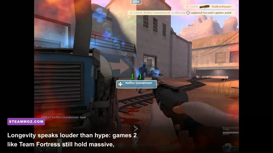 Team Fortress 2 team pushing payload cart on Badwater Basin map