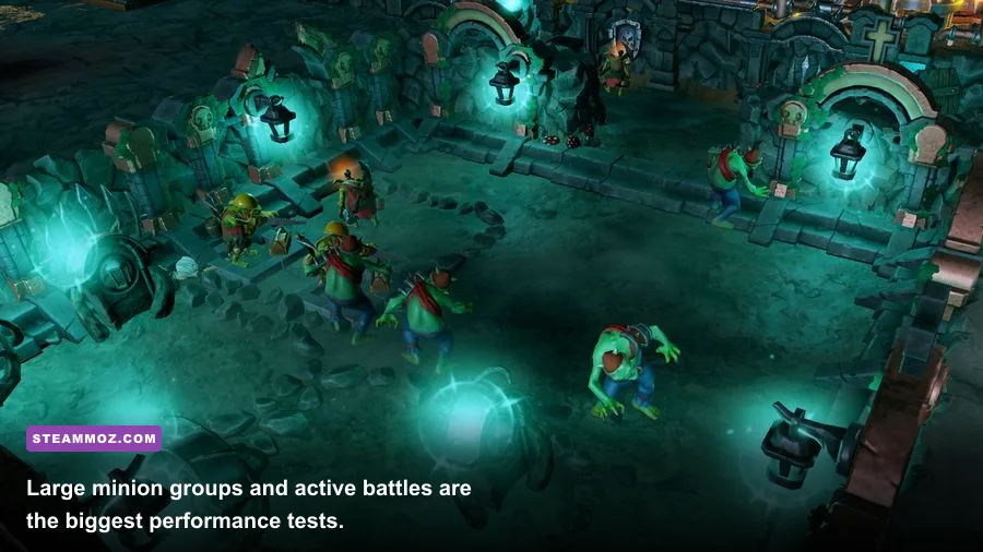 Dungeons 3 minion army fighting heroes inside an underground dungeon