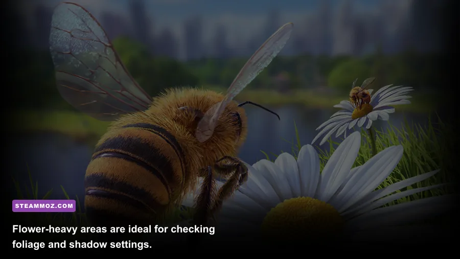 Bee Simulator bee pollinating flowers in a detailed garden gameplay scene