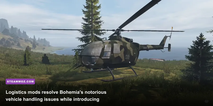 A modded civilian helicopter parked next to a heavily customized off-road vehicle in DayZ PC