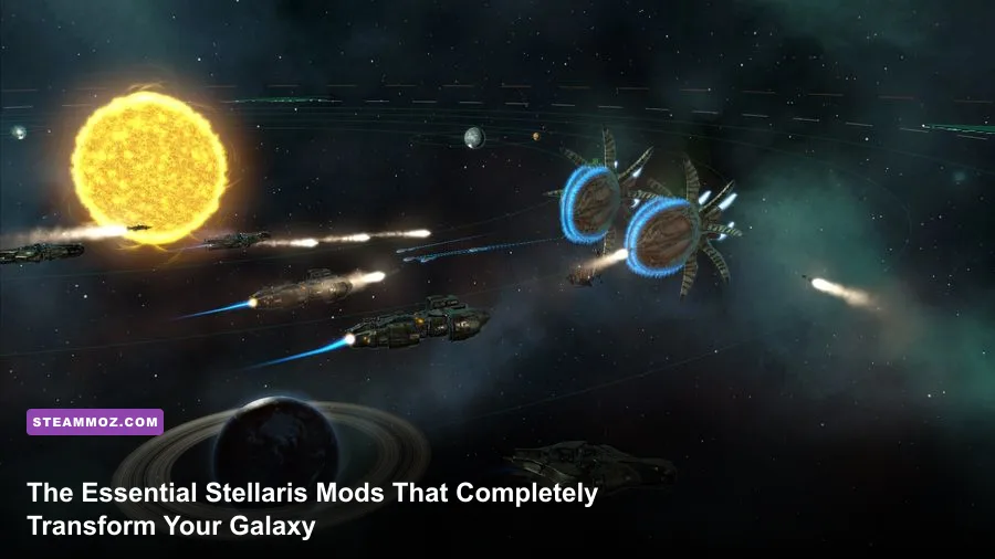 Massive interstellar fleet battle in Stellaris with customized modded warships and laser fire