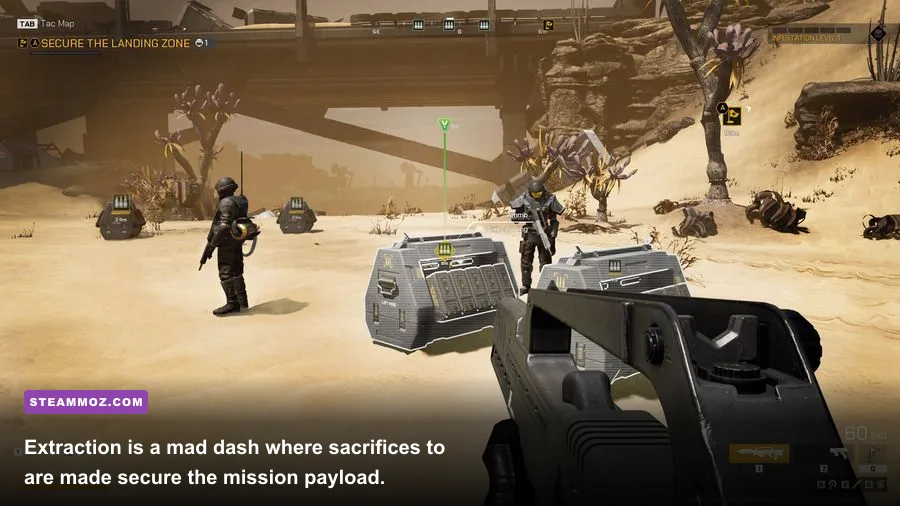 Troopers sprinting towards the federation dropship amid incoming bug swarms