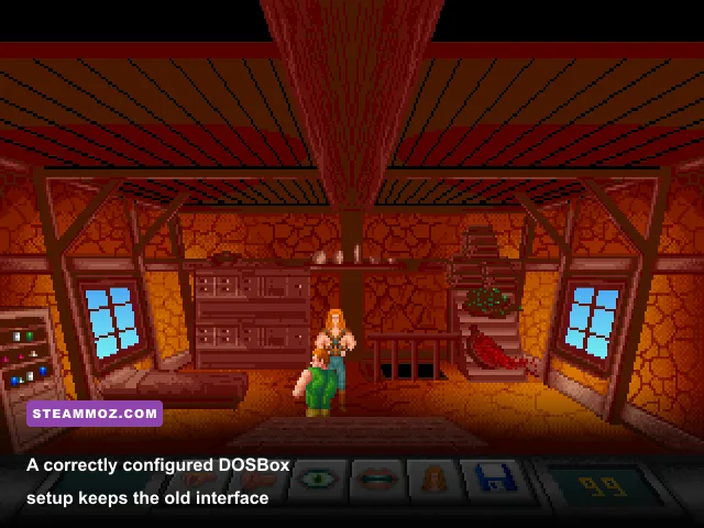 Eternam running in DOSBox with its original pixel art and adventure interface
