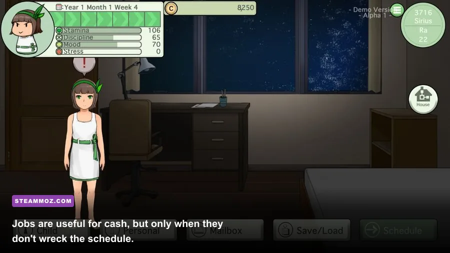 Ciel Fledge job activity and money management gameplay screen