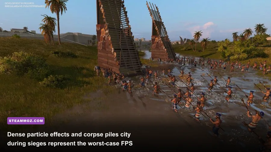 Siege assault on city walls in Total War Pharaoh with dust and fire effects