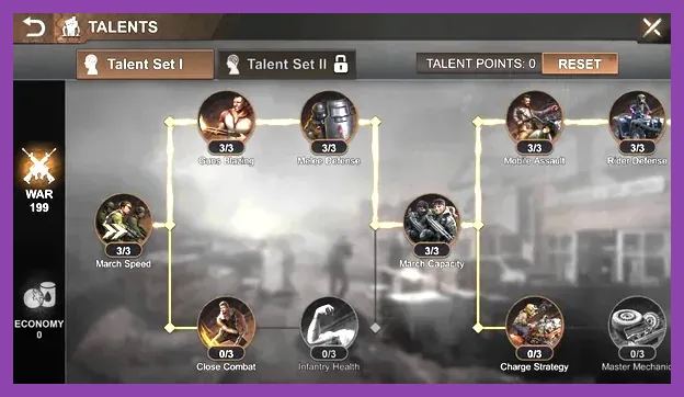State of Survival Chief Talent tree interface showing War and Economy branches