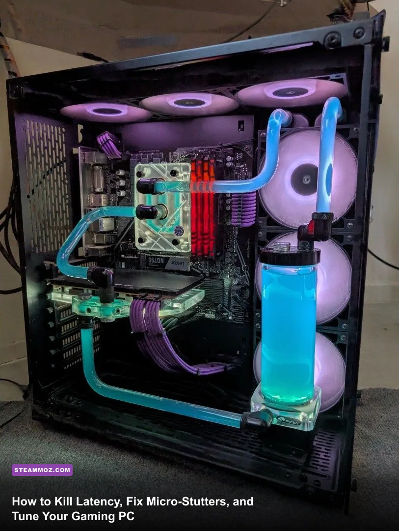 High-end gaming desktop setup displaying real-time frametime and latency diagnostic graphs