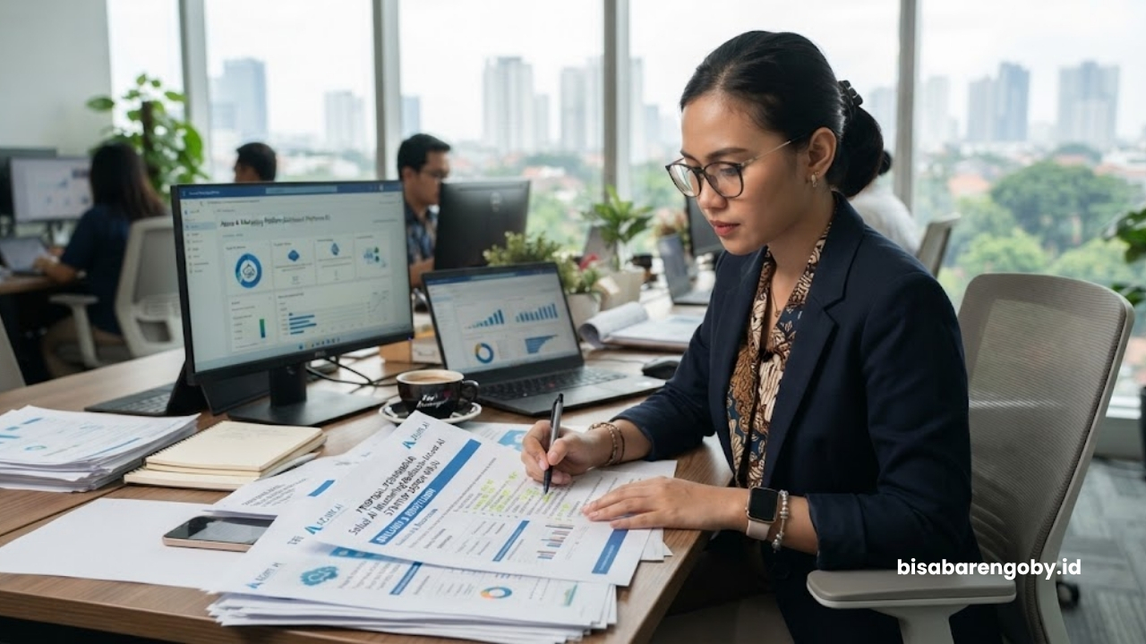 Manajer pemasaran mengevaluasi dokumen penawaran sebelum memutuskan beli AI Marketing untuk startup di Depok berbasis Azure AI