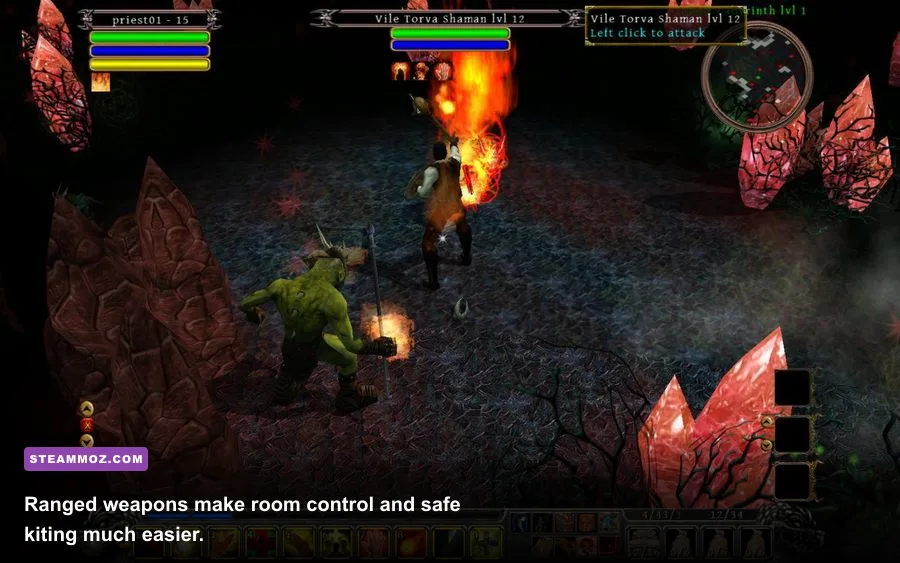 Din's Curse ranger firing a bow at enemies in a dungeon corridor