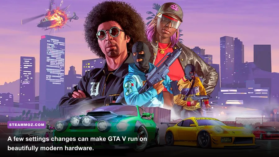 Grand Theft Auto V PC gameplay showing Los Santos with advanced graphics settings