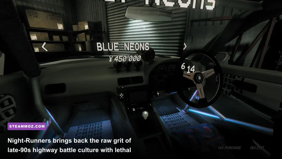 Custom cockpit view in Night-Runners showing analog gauges, boost levels, and Tokyo highway traffic