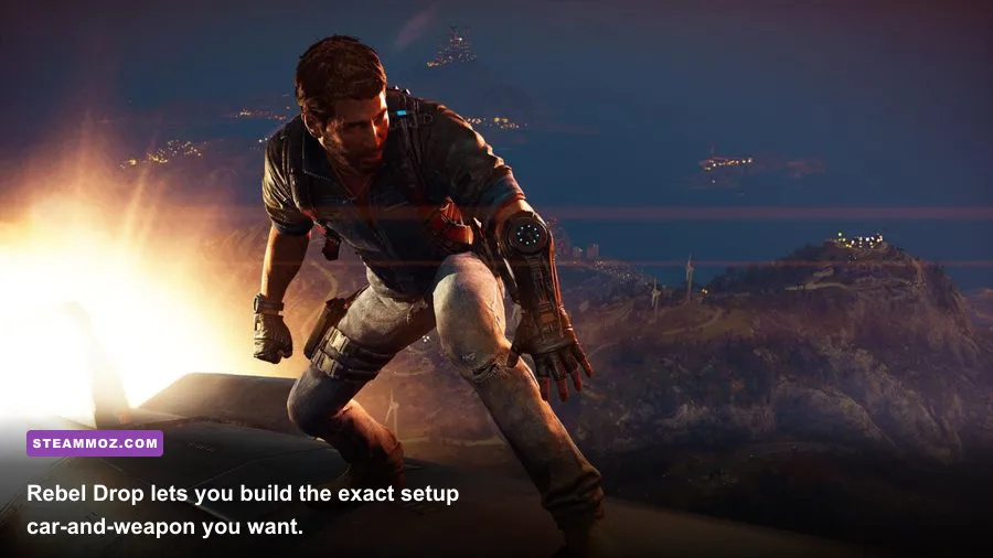 Just Cause 3 Rebel Drop menu showing vehicles and rocket launcher equipment
