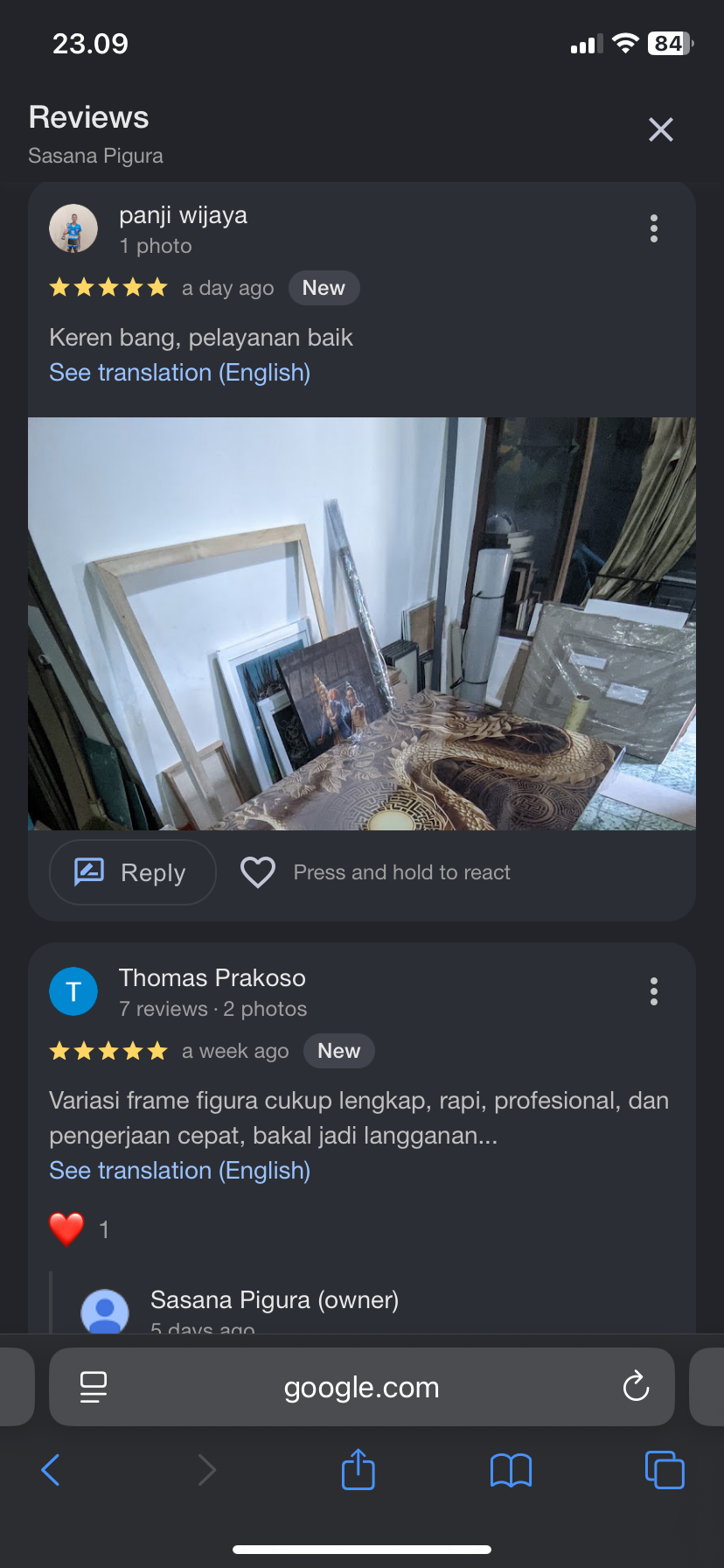 Screenshot testimoni WhatsApp customer Sasana Pigura 6
