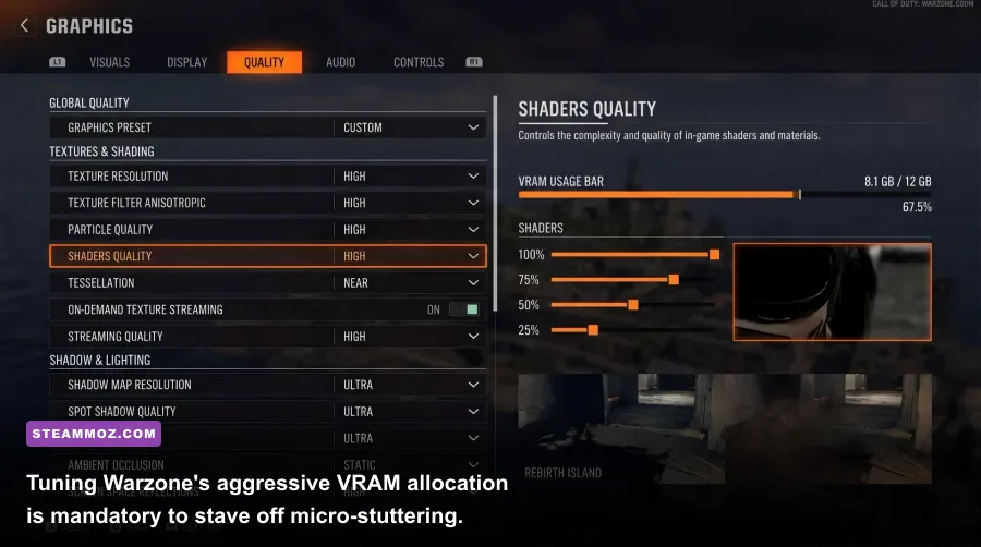 Warzone graphics settings interface displaying display resolution and VRAM usage