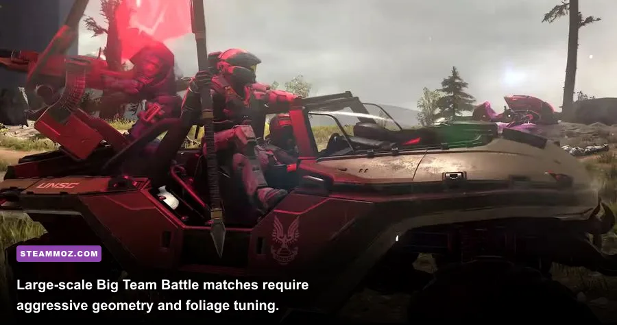 Warthog charging through the Fragmentation map in Big Team Battle