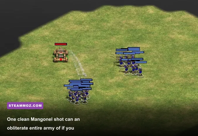 A Mangonel firing a devastating rock volley at grouped crossbowmen in Castle Age