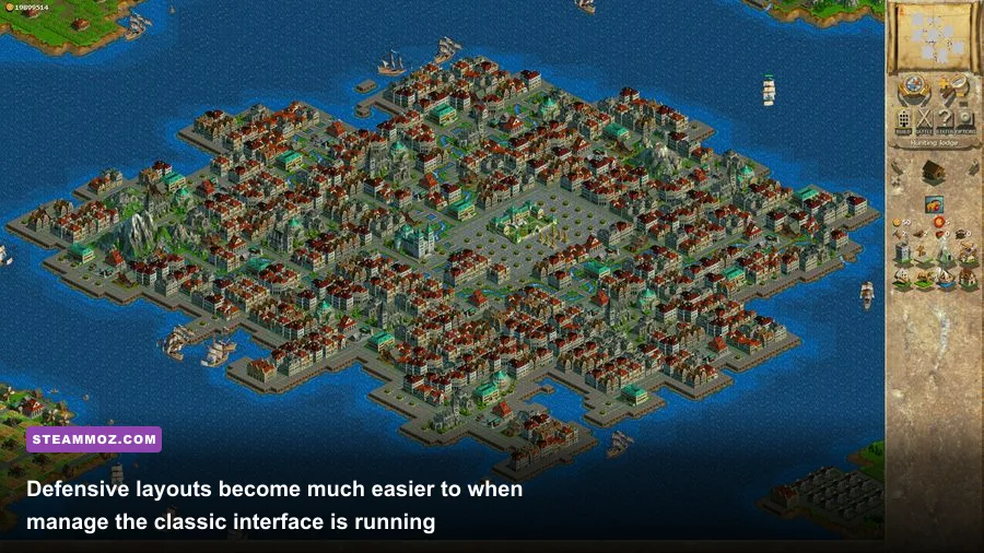 Anno 1602 island settlement protected by walls, cannons, and defensive towers