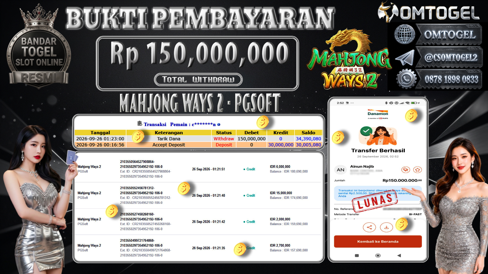 OMTOGEL JACKPOT PGSOFT MAHJONG WAYS 2 Rp.150,000,000,- DIBAYAR LUNAS