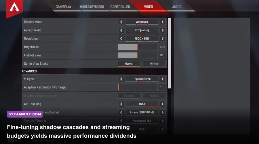 The in-game advanced video settings menu for Apex Legends on PC
