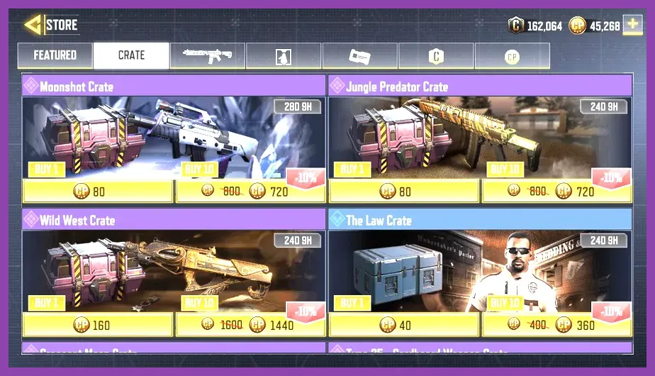 CODM in-game store featuring weapon crates