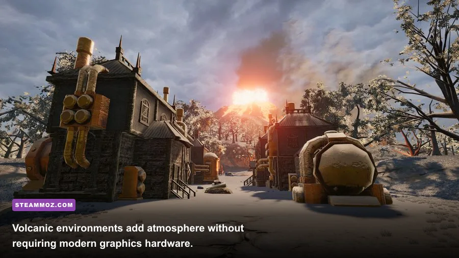 Fire! game screenshot showing a village and volcano environment