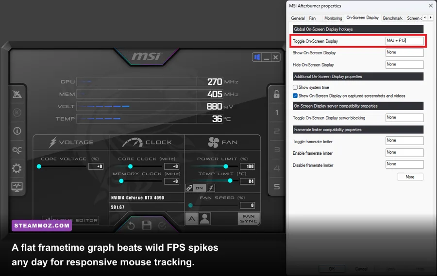RivaTuner Statistics Server on-screen display showcasing flat frametime pacing graph