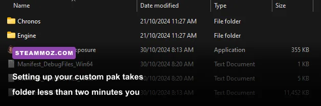 Windows file explorer showcasing the mods folder setup for Unreal Engine pak files