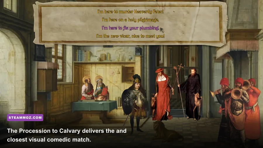 The Procession to Calvary gameplay showing a surreal Renaissance painting scene