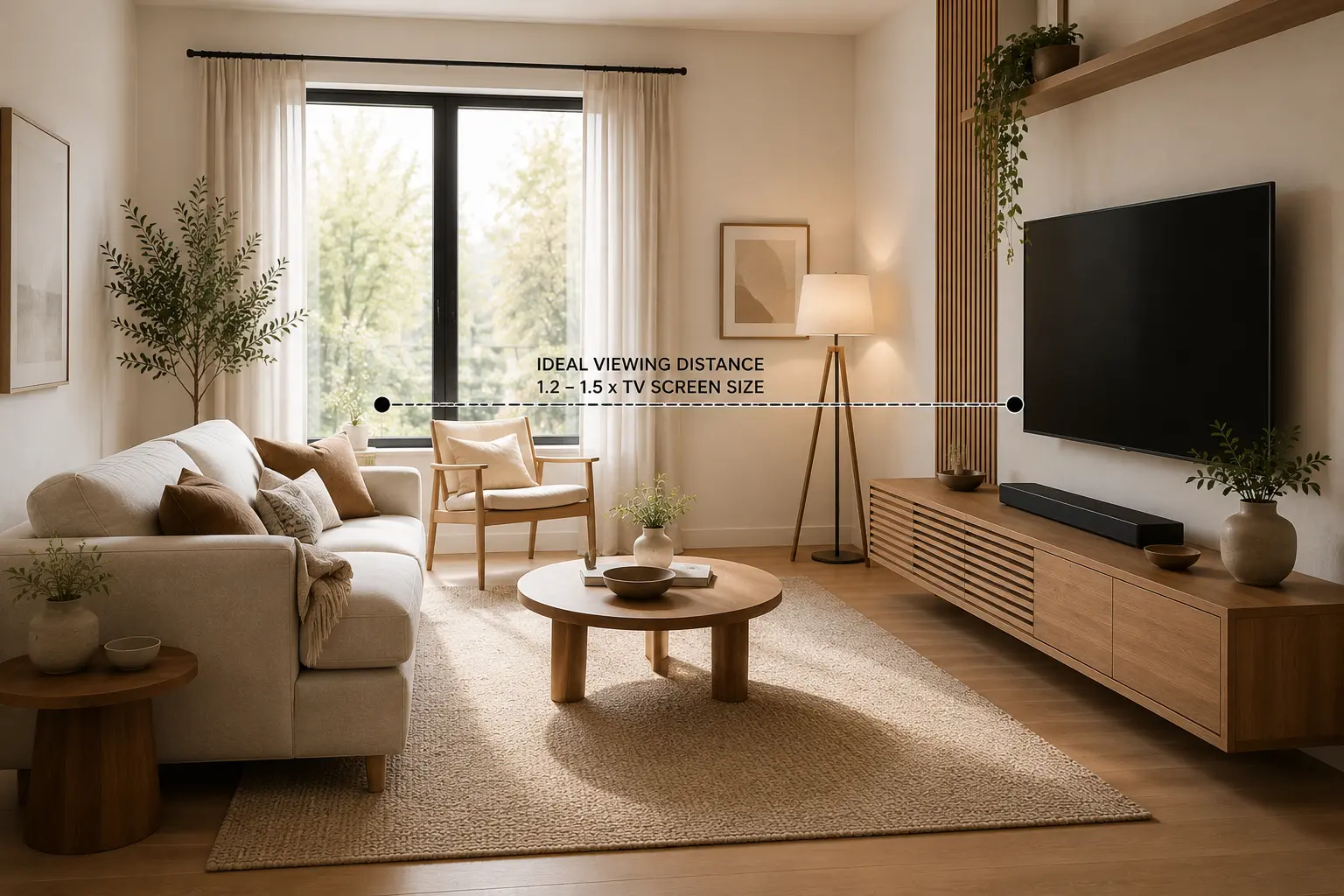 Scandinavian living room with sofa positioned at ideal viewing distance from wall-mounted TV