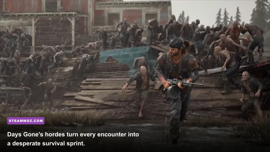 A massive freaker horde chases the player through a forest in Days Gone