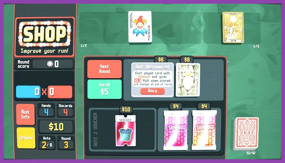 Balatro shop interface showing card packs and items