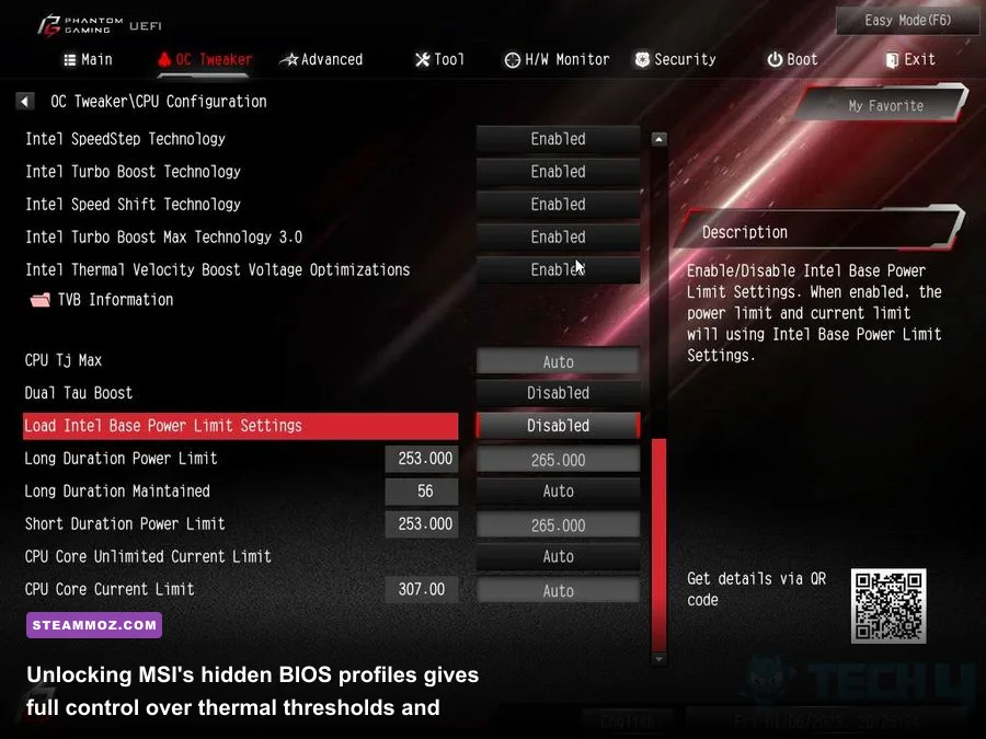 Advanced MSI Click BIOS settings interface showing power and memory options