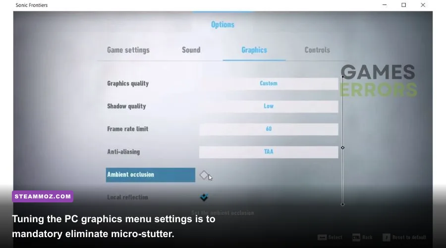Sonic Frontiers PC graphics configuration and video options menu