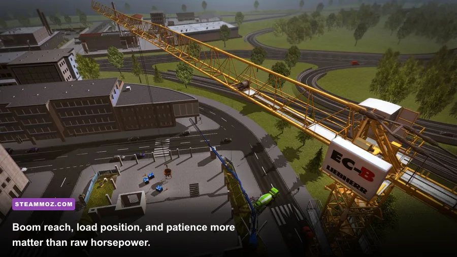 Liebherr mobile crane extending its telescopic boom to lift construction materials in Construction Simulator 2015