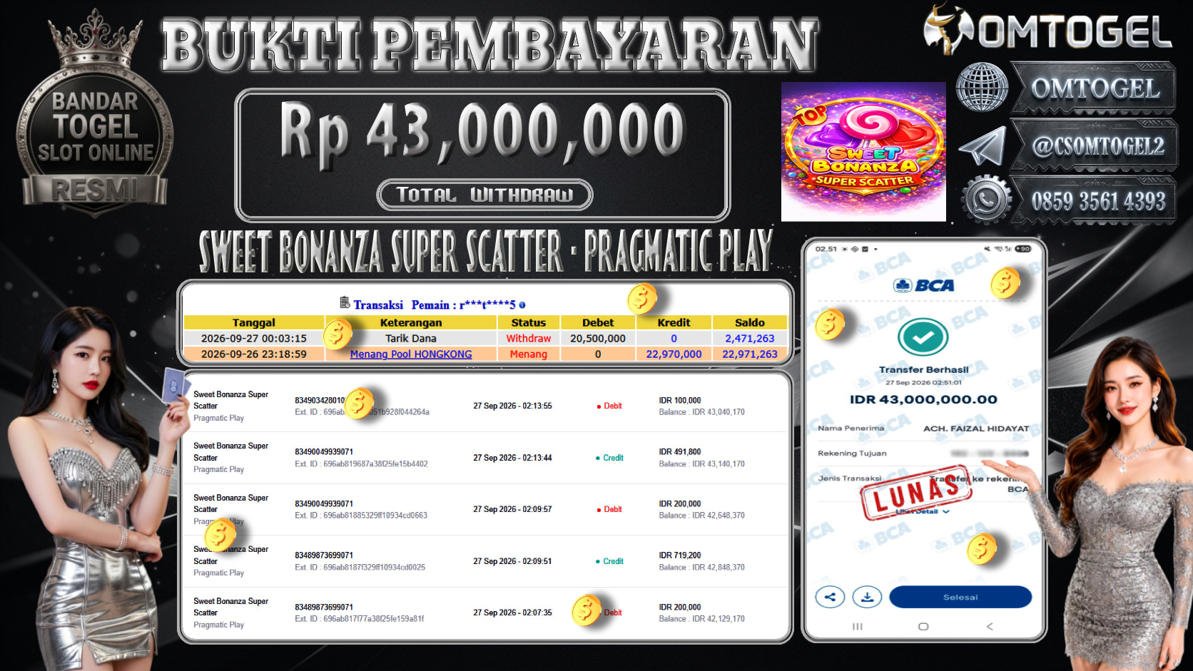 OMTOGEL JACKPOT PRAGMATIC PLAY SWEET BONANZA SUPER SCATTER Rp.43,000,000,- DIBAYAR LUNAS