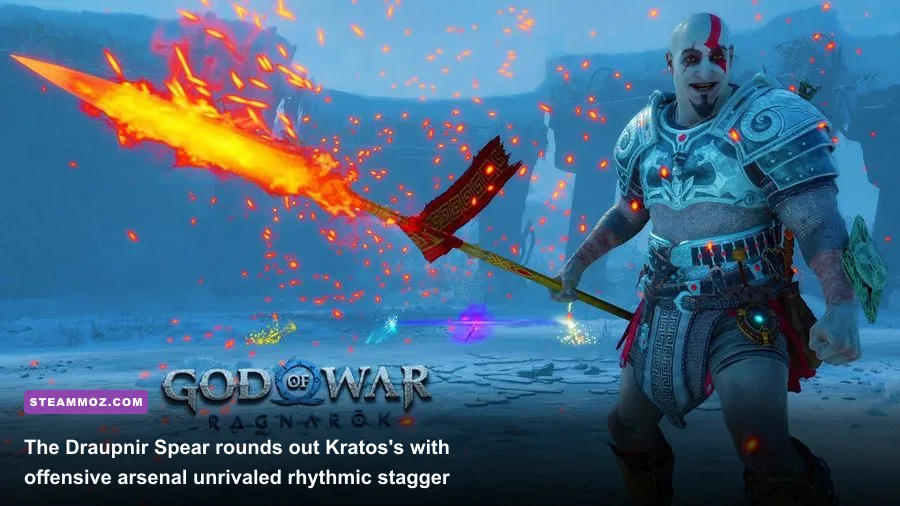 Kratos thrusting the Draupnir Spear into an enemy with golden shockwave particle effects