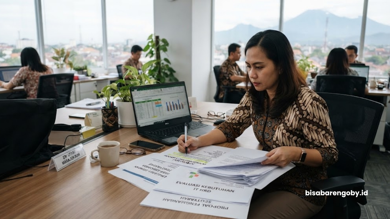 Manajer SDM menyeleksi dokumen proposal saat mencari jasa website sekolah untuk perusahaan di Yogyakarta berbasis PHP