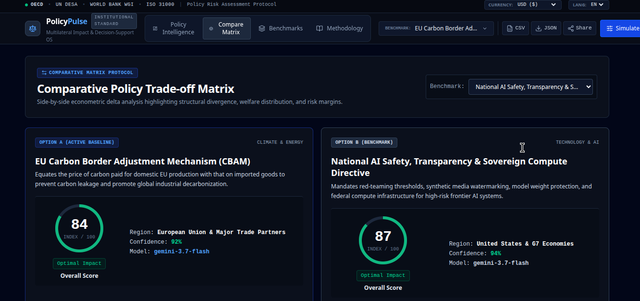 PolicyPulse econometric analysis and SDG matrix interface — prototype screenshot