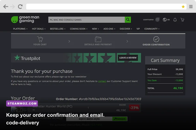 Digital PC game code delivered by email after an online purchase