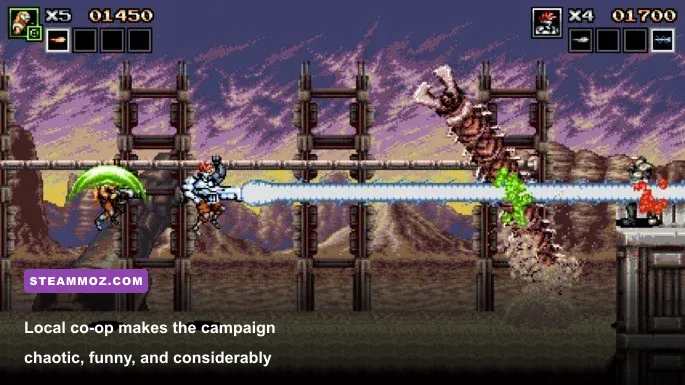 Mavra and Doyle fighting together in Blazing Chrome local co-op